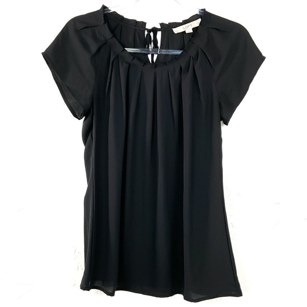 LOFT Black Pleated Sheer Short Sleeve Blouse XS